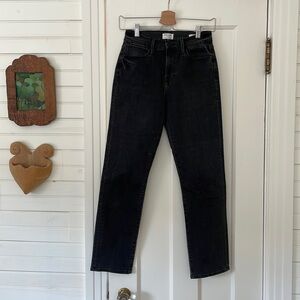 Frame denim black faded jeans in a size 25. Straight cut and ultra high rise.